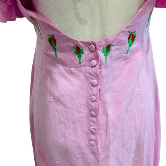 FANM MON XS Aster Pink Demre Linen Embroidered Maxi Dress Ruffle Sleeve NWT $357 - Picture 9 of 12